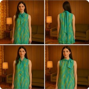 Vintage 60s Irving Nadler Watercolor Shift Dress S/M Green Sleeveless Ruffle Mod